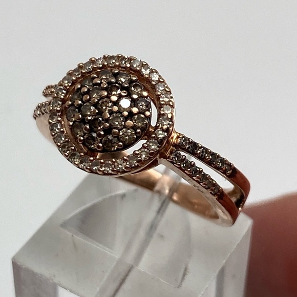 10K Rose Gold Champagne and White Diamond Cluster Pave Halo Ring 0.50ct Size 7 - Picture 2 of 14
